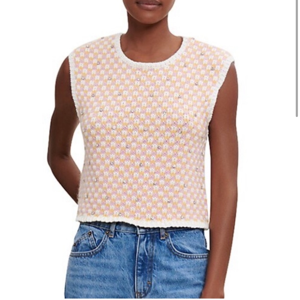 Women's White and Yellow Sleeveless Top